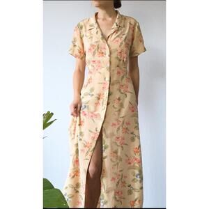 The Territory Ahead Silk Floral Midi Shirt Dress Peach Small Romantic Cottage